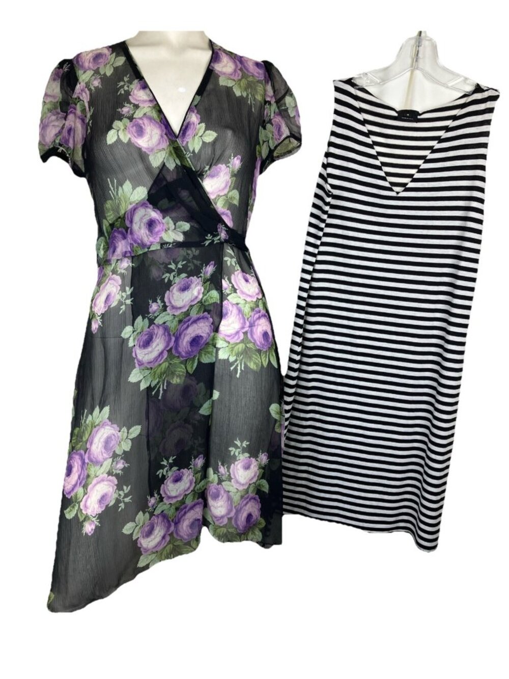 Sz 0 Anna Sui Silk Georgette Floral Cap Sleeve Dark Moody Roses w Stripe Dress